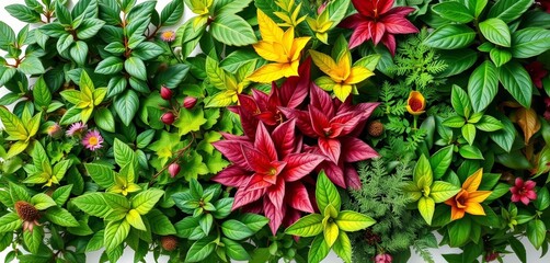 Naklejka premium Vibrant green foliage, various plants isolated on pure white, wallpaper, green leaves