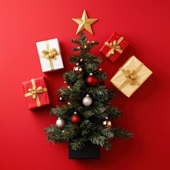Festive Christmas Tree with Colorful Presents on Red Background