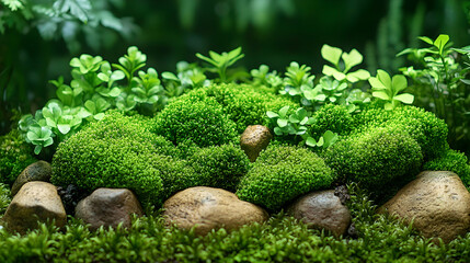 Lush vibrant green moss and foliage surround smooth stones in a tranquil setting evoking a sense of natural beauty and