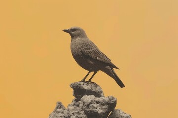 Fototapeta premium Gray bird perches atop textured, muted rocks.