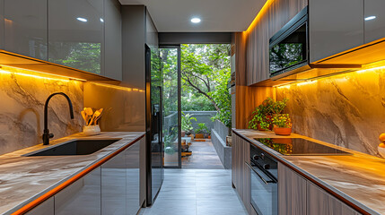 Sleek kitchen boasts modern design warm lighting  outdoor view Gray  wood cabinets  marbled countertops complement