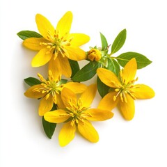Obraz premium A bright cluster of yellow st johns wort flowers with green leaves on white