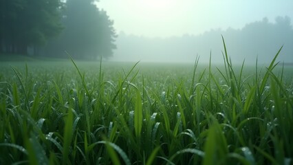 Obraz premium Misty Morning Field: Dew-Kissed Green Grass in Serene Landscape