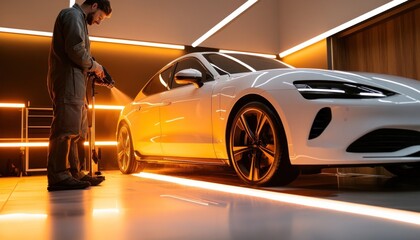 Car detailer applying ceramic coating on white electric car