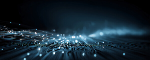 Visual representing data transmission through fiber optic cables, shown as dark parallel lines carrying pulses of glowing light, with background bokeh suggesting speed.