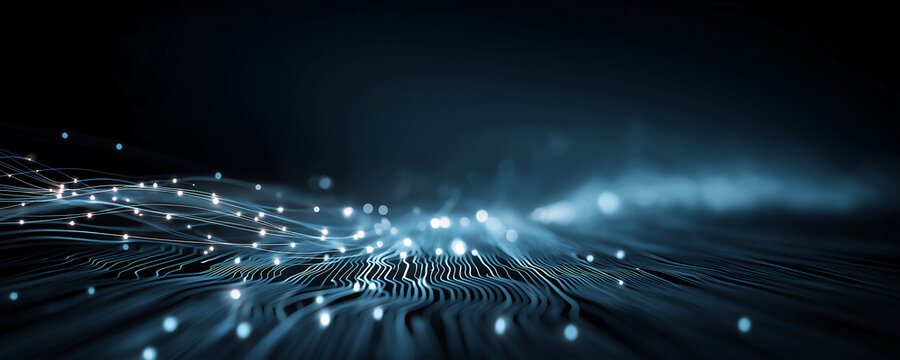 Visual representing data transmission through fiber optic cables, shown as dark parallel lines carrying pulses of glowing light, with background bokeh suggesting speed.