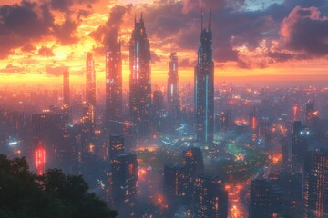 Obraz premium Futuristic city skyline at sunset (1)