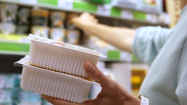 Focused female shopper holding tofu packages while reaching across refrigerated shelf, carefully selecting plant based protein product in grocery store environment