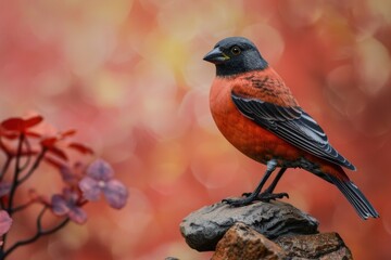 Fototapeta premium Vibrant red bird perched on dark rocks against a blurred autumnal background.