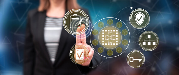 Woman touching a smart contract concept