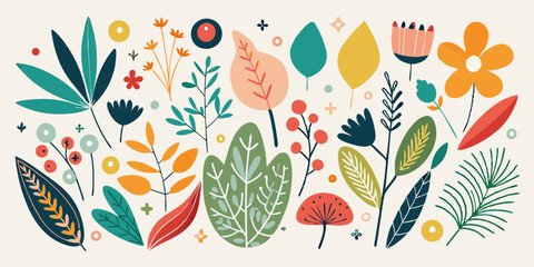 Set of Scandinavian-inspired plant collection featuring leaves and flowers in minimalist style with natural, simple shapes.


