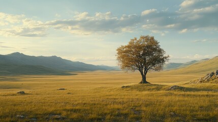 Solitary tree standing in a golden grassland surrounded by distant hills