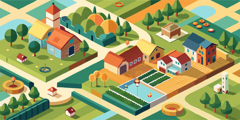 Fototapeta premium Top-down view of a farm landscape with barns, roads, gardens, and buildings in a detailed vector illustration. Rural farming village with agricultural fields and country roads.
