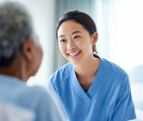 Fototapeta premium Kind healthcare worker in blue scrubs smiles reassuringly at senior patient during consultation