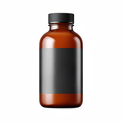 A brown glass bottle with a black screw cap, featuring a blank label suitable for custom branding or product information.