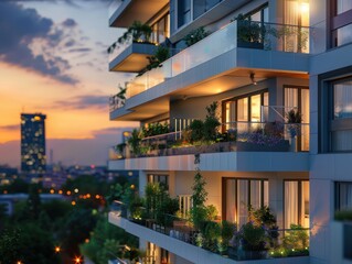 Modern apartment building, balcony gardens, city views, evening light, lively atmosphere