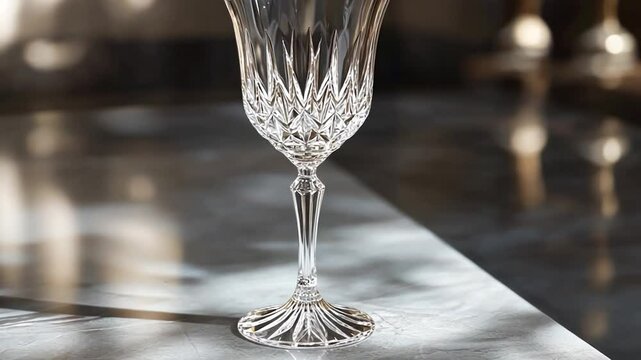 Elegant crystal wine glass on marble table, sunlit interior background