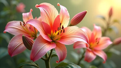 Vibrant Pink and Salmon Lilies in Full Bloom, Delicate Petals and Floral Elegance