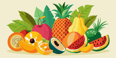Colorful tropical fruit collection with vibrant pineapple, papaya, and mango