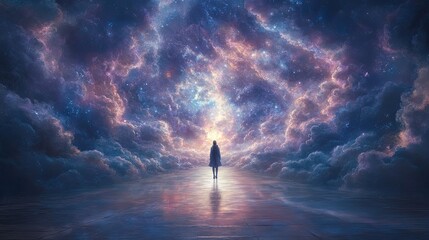 A solitary figure walks through a celestial pathway of clouds.