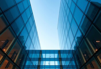 Fototapeta premium Abstract view of modern glass and steel building, showcasing urban geometry and minimal architectural design, high rise, cityscape