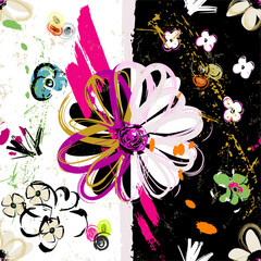 floral seamless background pattern, with abstract flowers, dots, paint strokes and splashes, black and white