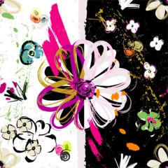 Gordijnen floral seamless background pattern, with abstract flowers, dots, paint strokes and splashes, black and white © Kirsten Hinte