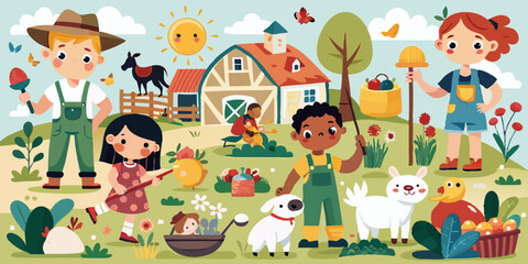Fototapeta premium Charming cartoon farm life with kids gardening, playing with animals, and joining festive farmyard celebrations under clear sky.