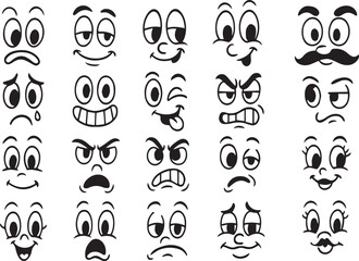 20 Unique Cartoon Face Expressions Bold Line Vector Set editable colors