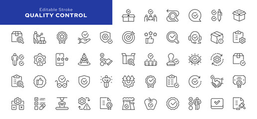 Quality control line icon set. Quality check, production, evaluation, checked, testing, assurance, inspection and more. Outline icon in linear style. Vector collection.	