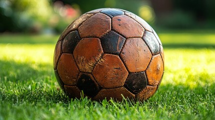 Worn soccer ball rests on vibrant green grass.