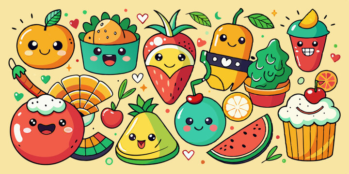 Naklejki Smiling food characters with cute faces and funny expressions. Playful fruits, vegetables, and snacks with happy personalities, kawaii cartoon emotions, friendly and fun meal items for kids.
