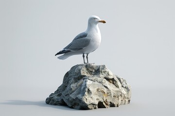 Gray seagull perched atop a weathered rock.