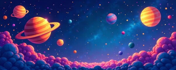 - Cute space backdrop with whimsical planets and stars, astronomy, celestial