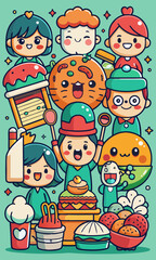 Cartoon characters eating sushi, burgers, and pastries at cozy food court.