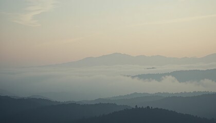 Obraz premium Misty sunrise over rolling hills nature landscape photography serene environment soft light viewpoint tranquil atmosphere for peaceful reflection