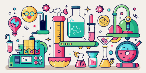 Quirky chemistry experiment with fun scientific equipment, flasks, burners, and playful laboratory tools in flat vector style.