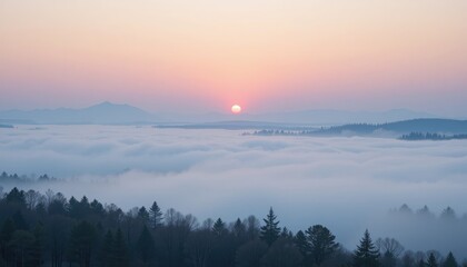 Serene sunrise over misty mountains nature landscape tranquil environment panoramic view peaceful concept for mindfulness and reflection