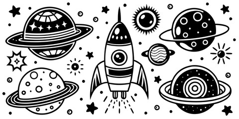 宇宙空間を彩るロケット、惑星、そして宇宙の要素を集めたコレクション。宇宙の要素を描いたベクターアートは、教育、科学、宇宙をテーマにしたプロジェクトに最適です。