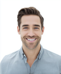 Obraz premium Smiling man with short brown hair and stubble wearing a light gray blazer and white shirt