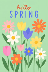 Obraz premium Fresh Hello Spring Greeting Card with Colorful Flowers