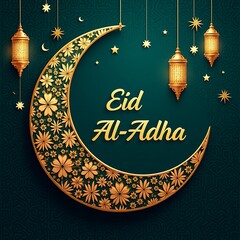 Elegant Eid Al Adha Greeting with Hanging Lanterns and Mandala Background 