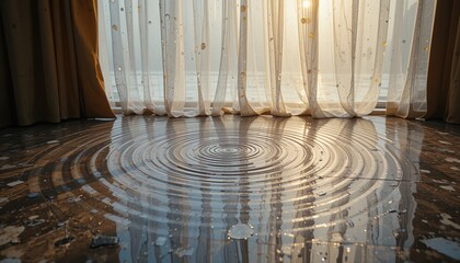 Rainwater accumulation on floor indoor space photography natural light close-up serenity