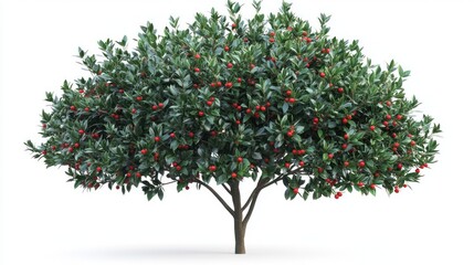 Lush, full, small tree with vibrant green leaves and clusters of bright red berries