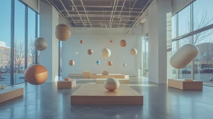 Modern Art Installation with Floating Sculptures in Bright Gallery
