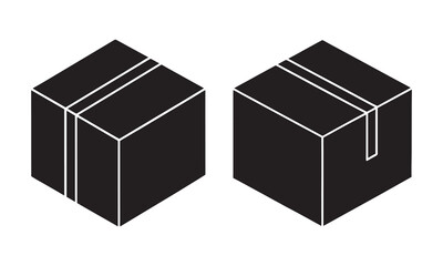 Set of Two Black Isometric Cardboard Box Icons, silhouette, vector illustration