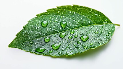 Close-up of a vibrant green leaf covered in dew drops.