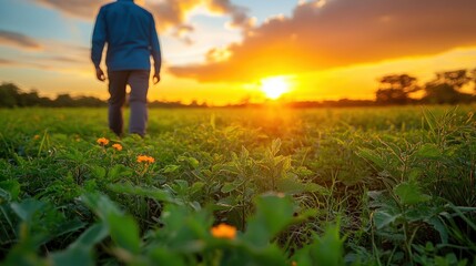 Fototapeta premium A person walking through a vibrant green field at sunset, with colorful flowers in the foreground