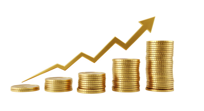 Golden coins stacked with an upward arrow on a black background view isolated on transparent background. isolated on white background, png, jpeg, jpg