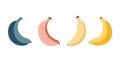 Four Bananas in Varying Stages of Ripeness: Teal, Pink, Yellow, and Golden